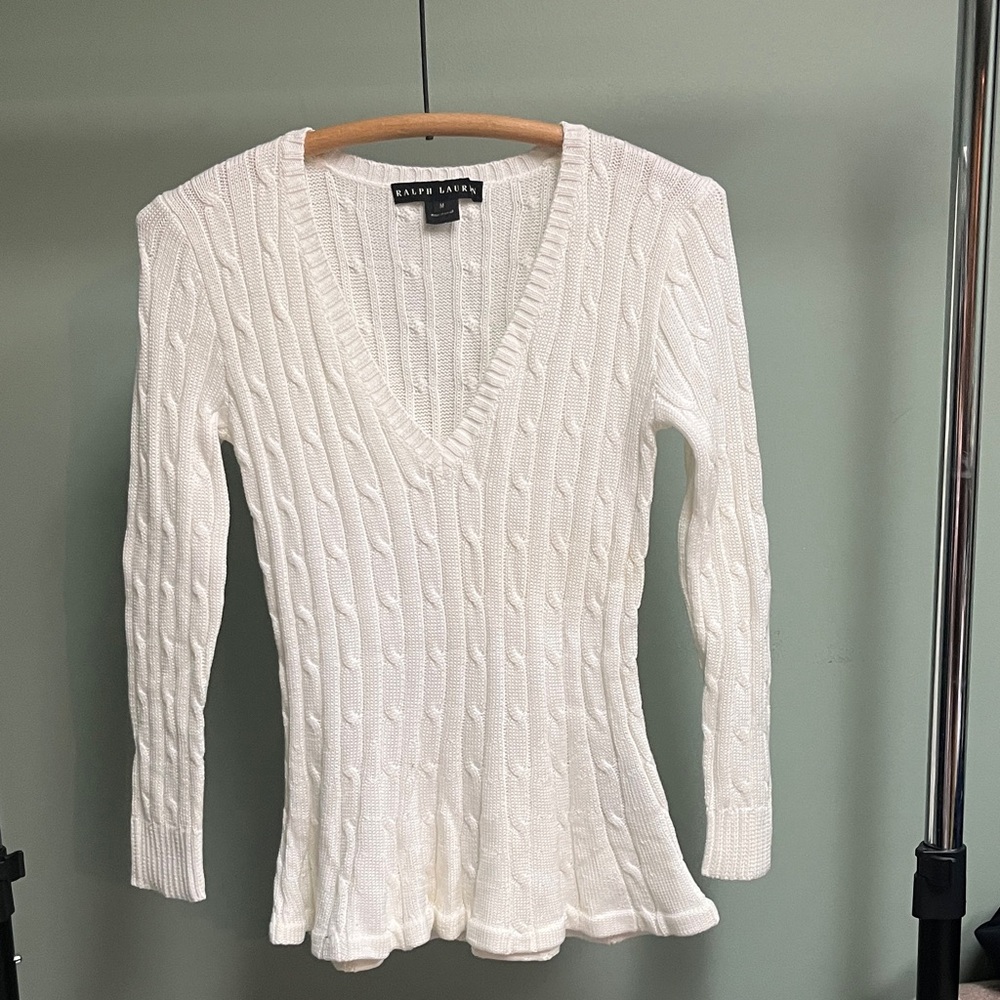 Ralph Lauren Women's White Cable Knit V-Neck Sweater